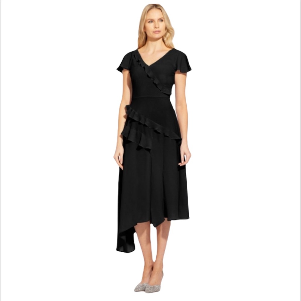 Adrianna Papell Gauzy Crepe Ruffle Midi Dress Size 8 NEW